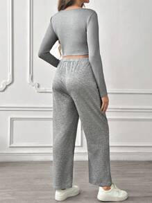 SHEIN 2pcs Pregnant Women Spring/Autumn Plain Long Sleeve Top And Pants Set, For Maternity - Grey - View 3