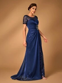 SHEIN Belle 华丽的海军蓝奢华精致闪亮服装剪裁雪纺褶皱抹胸拼接圆领短袖褶皱鱼尾下垂形状短款外套婚礼活动晚会舞会正式妈妈礼服晚礼服，优雅的新娘母亲礼服 - 藏蓝色 - 查看 7