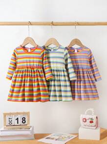 3 件套女宝宝彩色条纹印花长袖圆领松紧腰休闲连衣裙套装，秋冬 - 彩色 - 查看 1