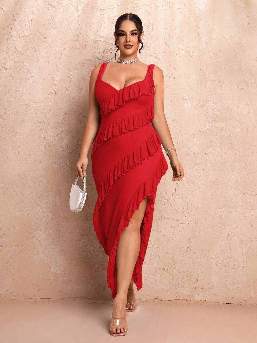 SHEIN BAE Plus Size Women Ruffle Trim Slit Dress - Red - View 1