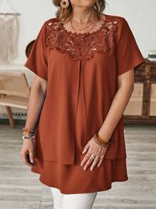 EMERY ROSE Quần áo giáo viên cỡ lớn cho nữ chín muồi thời trang ren vá vá tay ngắn dài cho mẹ - Rỉ Nâu - Xem 5