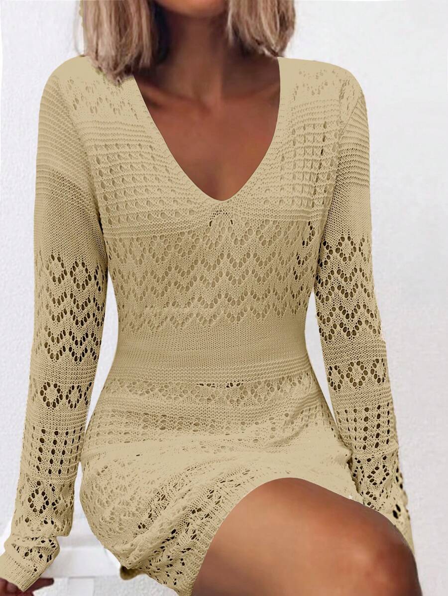 SHEIN Clasi 纯色 V 领长袖镂空简约毛衣裙，休闲日常穿着 - 卡其色 - 查看 1