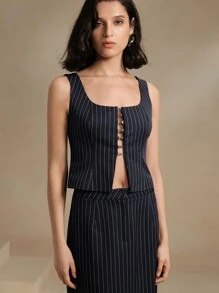 Anewsta 2pcs Set Of 2024 Spring Summer New Style Spaghetti Strap Cardigan, Stripe Pattern Vest And Skirt