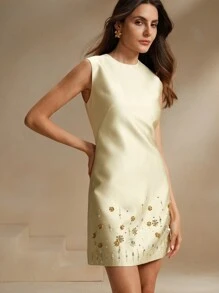 Anewsta Minimalist Chic Handmade Crystal Embellished Sleeveless Round Neck Dress - Champagne - View 1