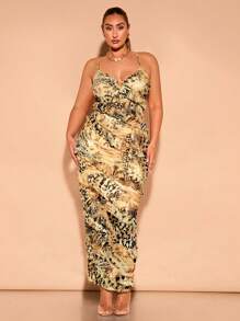 SHEIN BAE Plus Size Autumn Leopard Pattern Mesh Print Asymmetrical Layered Ruffle Deep V-Neck Sweet And Sexy Suspender Long Dress, Suitable For Daily Dates And Vacations