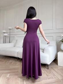 Modelyn Đầm cổ tròn màu trơn thanh lịch cho nữ, Đầm dạ hội dài mùa hè - Màu tím - Xem 2