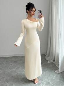 Elenzga Elegant asymmetrisk långärmad klänning med svängkrage - krämfärgad - Aprikos - Visa 6