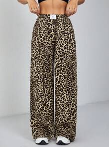 Muchica 女士豹纹印花编织阔腿街头长裤 - 棕色 - 查看 5