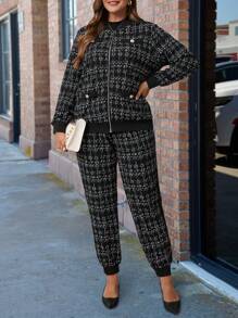 SHEIN Clasi 2pcs Plus Size Women Plaid Zip-Up Jacket & Pants Set