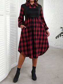 EMERY ROSE 大码圣诞法兰绒女式格子印花领长袖连衣裙，带口袋