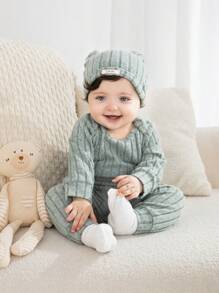 SHEIN 3pcs/Set Newborn Infant Unisex Casual All-Match Long Sleeve Bodysuit, Pants And Hat Outfit, Suitable For Everyday Wear In Autumn/Winter - Green - View 1