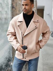 Manfinity Homme 大码男士纯色翻领前拉链长袖休闲机车针织混纺夹克，秋季男士服装