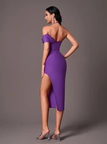 SHEIN Belle Elegant Purple Off Shoulder Bodycon Dress With Rhinestone Pearl Chain, Suitable For Wedding, Party, Graduation - Bodycon Design - Purple - View 5