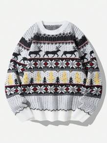 Chillumni 男士圆领彩色图案套头衫长袖印花宽松时尚街头风毛衣圣诞节、派对、家庭装 - 彩色 - 查看 1