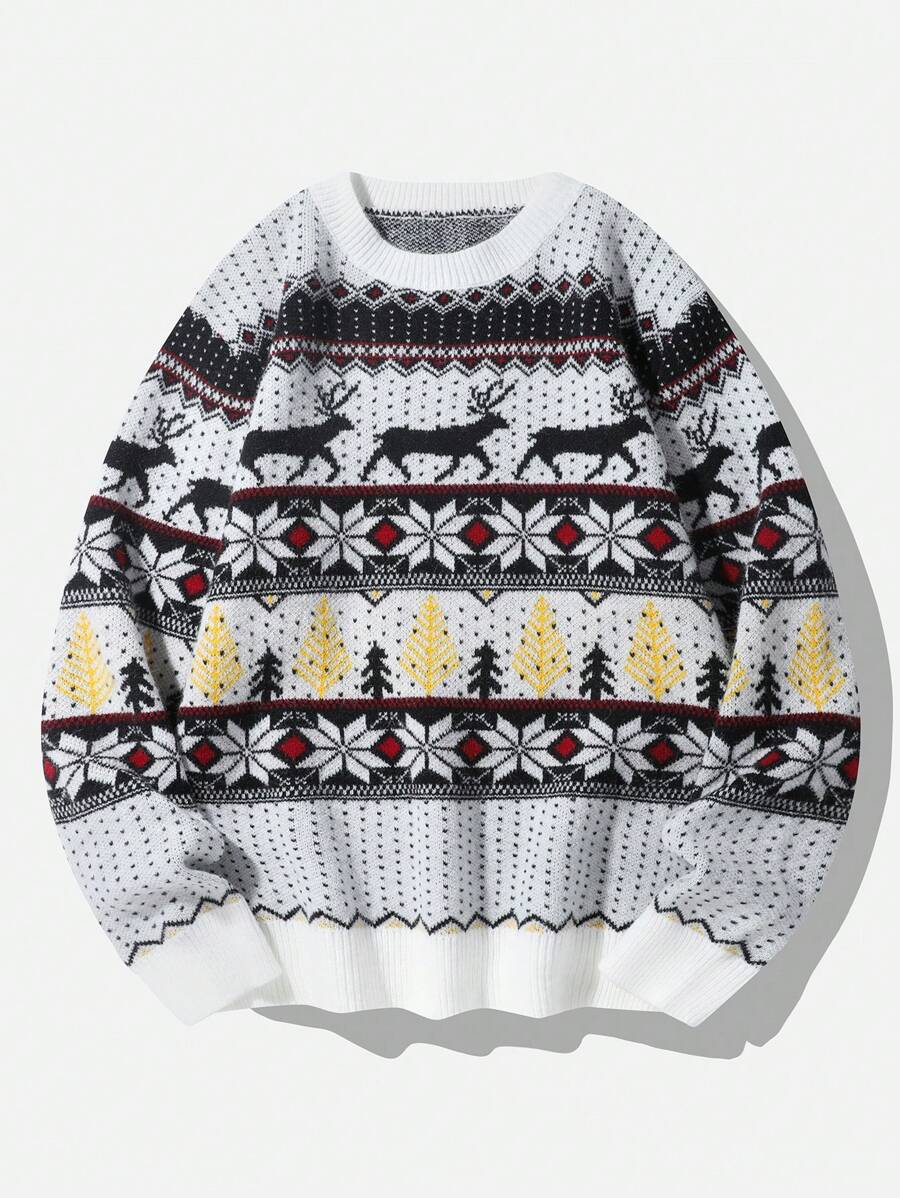 Chillumni 男士圆领彩色图案套头衫长袖印花宽松时尚街头风毛衣圣诞节、派对、家庭装 - 彩色 - 查看 1