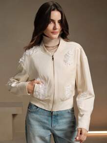 Anewsta 3D 花卉松紧腰女式夹克 - 白色 - 查看 3