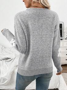 EMERY ROSE 女士休闲蓬松花朵图案圆领落肩长袖针织套头毛衣，秋冬款