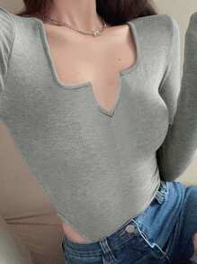 INAWLY Women's Spring Autumn Casual Solid Notched Neck Long Sleeve Bodysuit