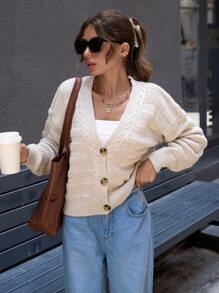 EURMUSE Elegant  Cable Knit Detailed V Neck Texture Knit Cardigan With Button - Beige - View 3
