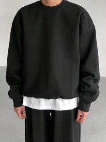 DAZY 2pcs Men's Solid Color Crew Neck Tracksuit Sweatshirt And Pocket Sweatpants Casual Black Set For Fall - Black - View 5