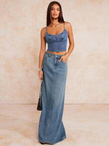 Forever 21 夏季、秋季和冬季女士蓝色水洗宽松/高腰/ A 字形/ Y2k/女士下装/高腰女士牛仔裤/宽松女士牛仔裤/直筒牛仔裤/超长牛仔长裙 - 藍色 - 查看 3