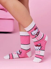 HELLO KITTY AND FRIENDS | SHEIN 2 套女式卡通圆点蝴蝶结图案粉色拼色中筒袜