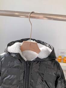 SHEIN 男宝宝休闲日常百搭趣味几何图案保暖内衬连帽长袖棉衣，适合秋冬季户外穿着 - 黑色 - 查看 6