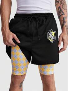 ROMWE MEN Harry Potter | ROMWE Men's Badge And Argyle Print Drawstring Waist 2 In 1 Shorts, School - Multicolor - View 2