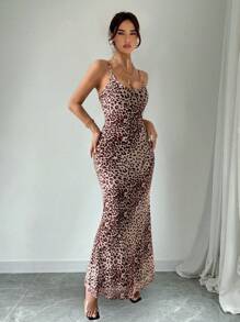 Chiquease Women's Leopard Print Simple Daily Wear Spaghetti Strap Dress - Brown - View 1
