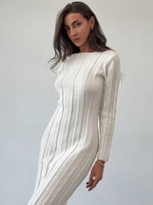 Aloruh 全新圆领长款保暖舒适针织休闲通勤连衣裙 - 米色 - 查看 1