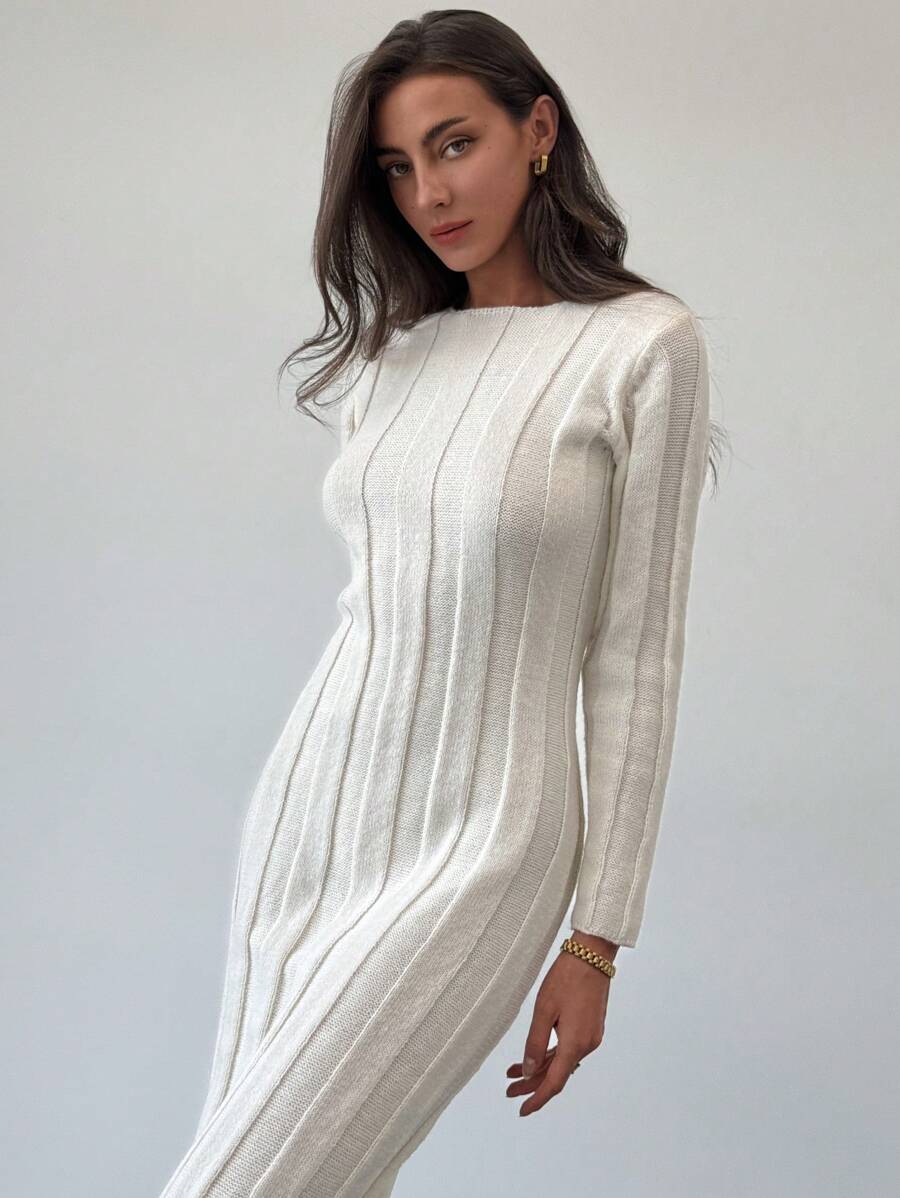 Aloruh 全新圆领长款保暖舒适针织休闲通勤连衣裙 - 米色 - 查看 1