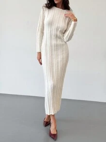 Aloruh 全新圆领长款保暖舒适针织休闲通勤连衣裙 - 米色 - 查看 7