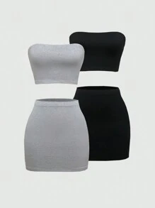 SHEIN Unity Conjunto de 2 Peças com Top Cropped Tubular e Saia Lápis Ajustada Feminina em Cor Sólida