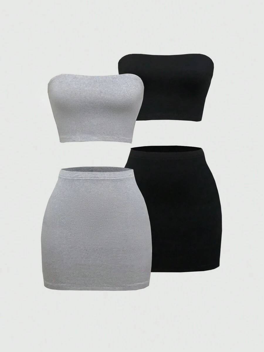 SHEIN Unity Conjunto de 2 Peças com Top Cropped Tubular e Saia Lápis Ajustada Feminina em Cor Sólida