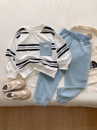 Young Boy Contrast Color Long Sleeve Round Neck Sweatshirt With Jeans Set Chic Outfits For Autumn/Winter