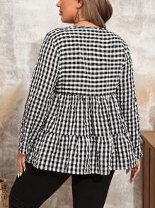 EMERY ROSE Plus Size Women's Round Neck Long Sleeve Ruffled Loose Plaid Blouse,Fall Clothes - Black and White - View 2