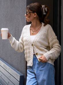 EURMUSE Elegant  Cable Knit Detailed V Neck Texture Knit Cardigan With Button - Beige - View 5