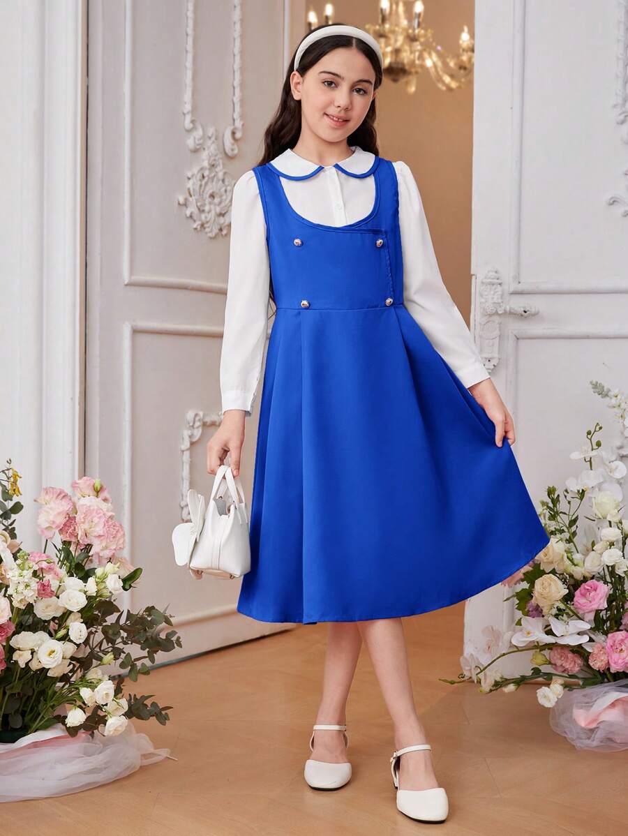 SHEIN WESTFADE Young 2pcs Tween Girls' Round Neck Shirt & Double Button Strap Dress Two-Piece Set,  College Style