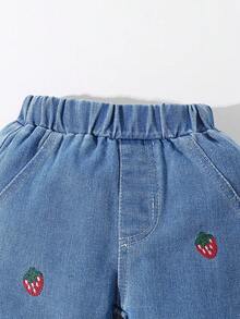 Pantalon en jean doux et confortable avec broderie de fraise, style décontracté et mignon pour bébé fille