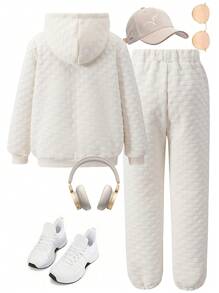 SHEIN Set de 2 piezas de Sudadera y Pantalón de chándal con estampado de letra suelta y texturizada para niña preadolescente, otoño