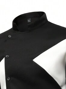 Calvornis Men's Casual Colorblock Stand Collar Button Down Long Sleeve Collar Shirt, Spring Autumn, For Going Out, For Fall, Formal, Ceremony - Black and White - View 6