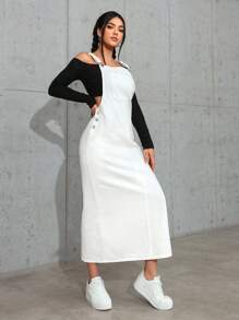 女士纯色宽肩带口袋简约休闲牛仔连衣裙 - 白色 - 查看 3