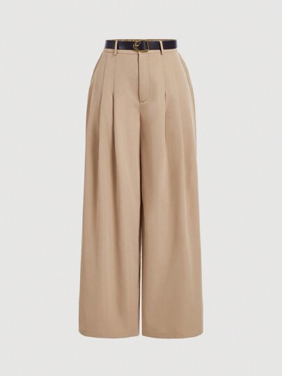 SHEIN MOD Khaki Wide Leg Pants With Belt For Plus Size Women, Retro Style In Fall/Winter