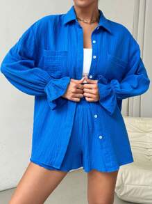 Chiquease Áo sơ mi và quần short có túi có tay loe - Xanh đậm - Xem 4