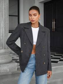 Aveloria Modichic 法式复古风休闲简约时尚通勤双排扣夹克，适合老师 - 深灰色 - 查看 6