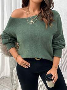 Calvaya Plus Size Spring/Autumn New Arrival Popular Casual Off Shoulder Green Batwing Sleeve Fitted Pullover Sweater - Green - View 5