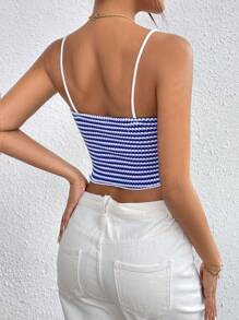 SHEIN Essnce Regata Feminina Casual dos Anos 90 com Enchimento no Busto, Respirável - Azul e Branco - Visão 2