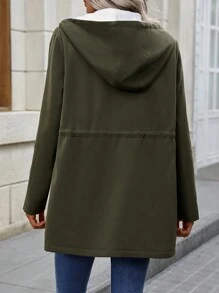 Chiquease Áo khoác có mũ trùm đầu màu trơn có dây rút - xanh quân đội - Xem 2