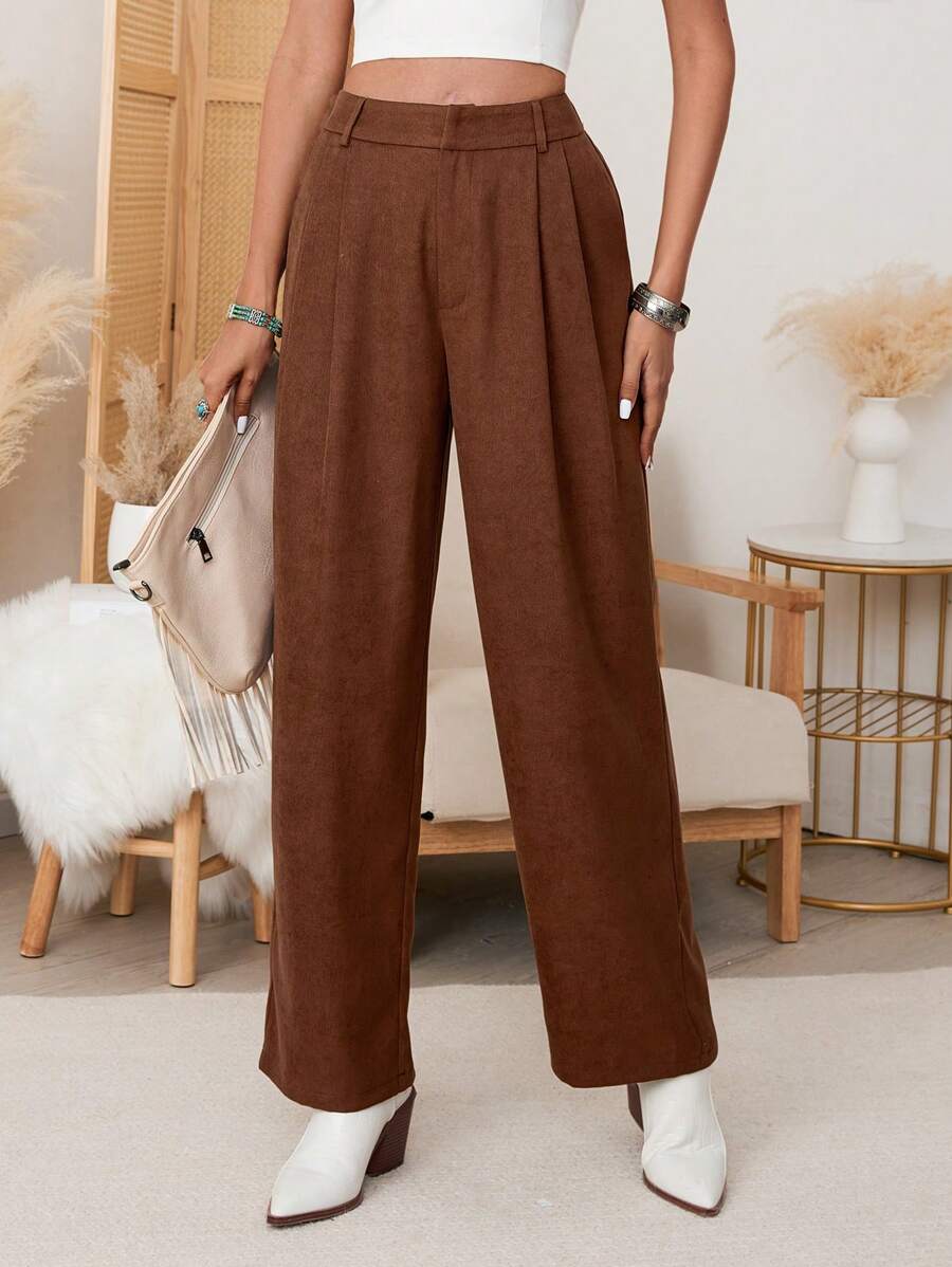 SHEIN VCAY 女士休闲纯色编织直筒裤（配腰带环） - 棕色 - 查看 1