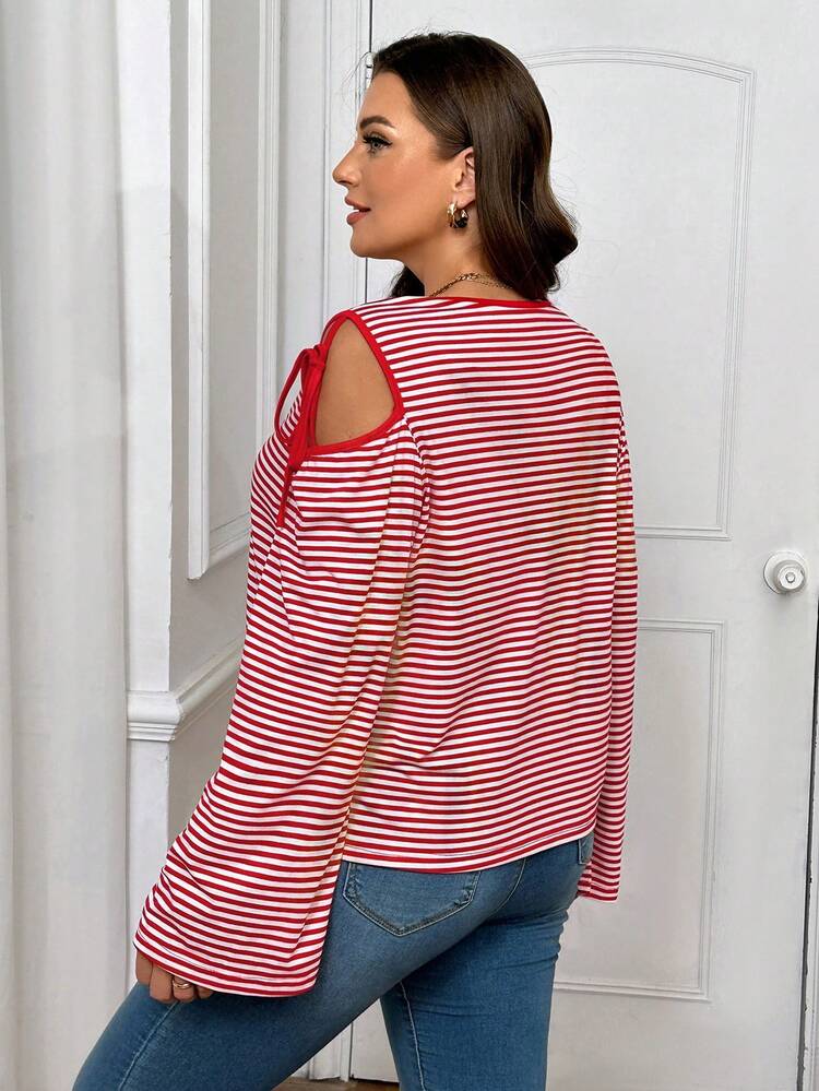 SHEIN Essnce Plus Size Women's Loose-Fit Casual Fashionable Red White Striped Cold Shoulder Tie Design Long Sleeve T-Shirt, Fall Tee - Red and White - View 2